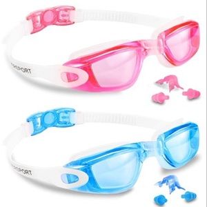 EverSport Swim Goggles 2 Pack Blue & Pink With Mesh Carry Bag And Ear Plugs NWOT